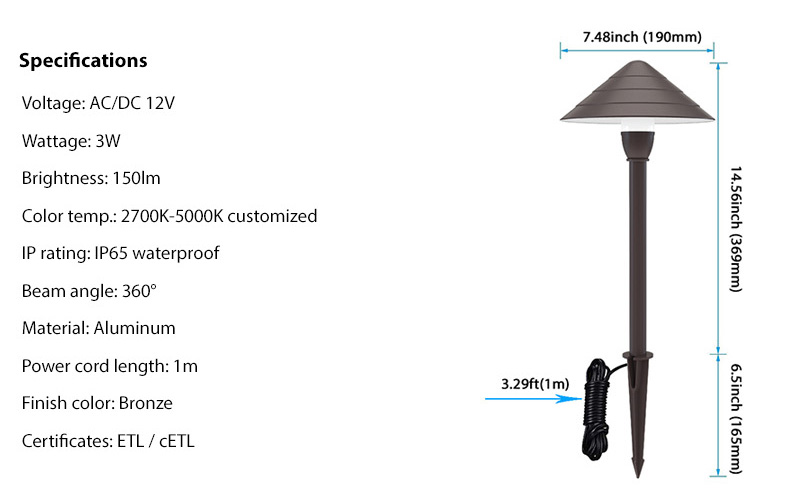 3W mushroom path light specifications