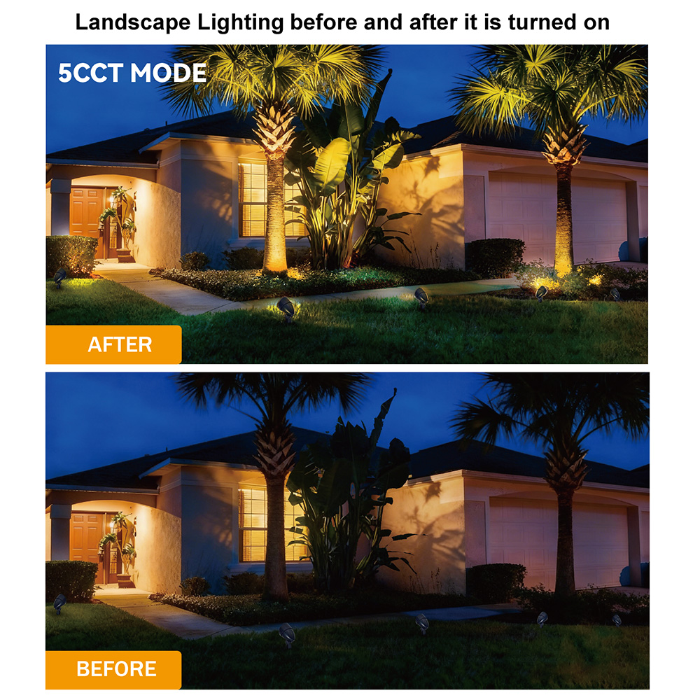 Landscape lighting before and after it is turned on