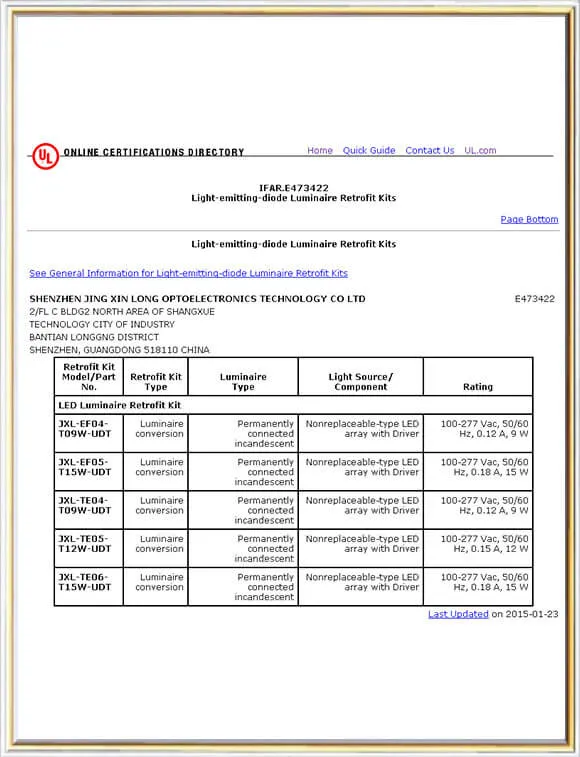 Retrofit Kit UL Certification