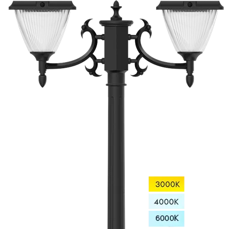 Upgrade Magic 5W 2-Head Solar LED Lamp Post, 3000K 4000K 6000K Selectable 2 Outdoor Solar Lights on Pole for Garden