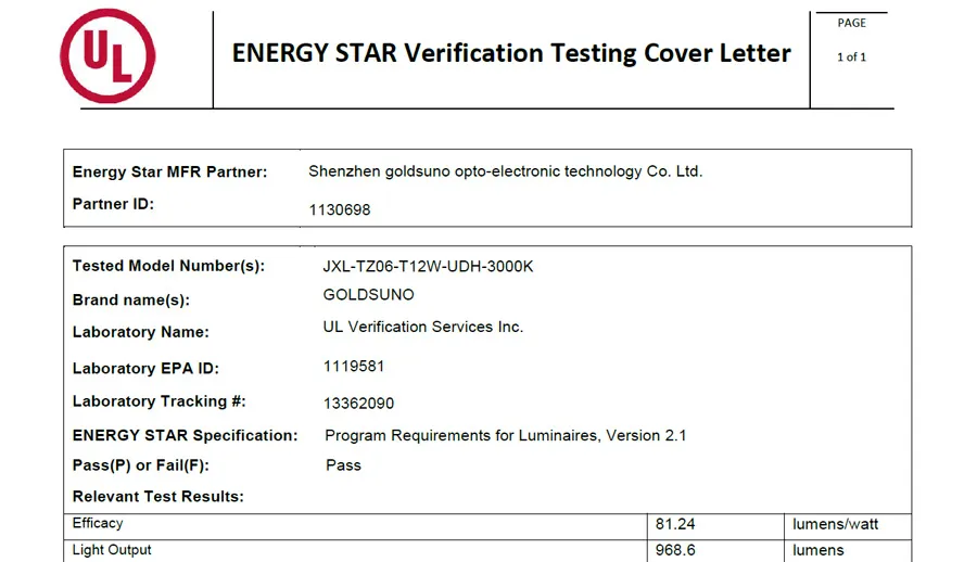 Goldsuno's High-end Energy Efficiency Lights Pass ENERGY STAR Verification Testing